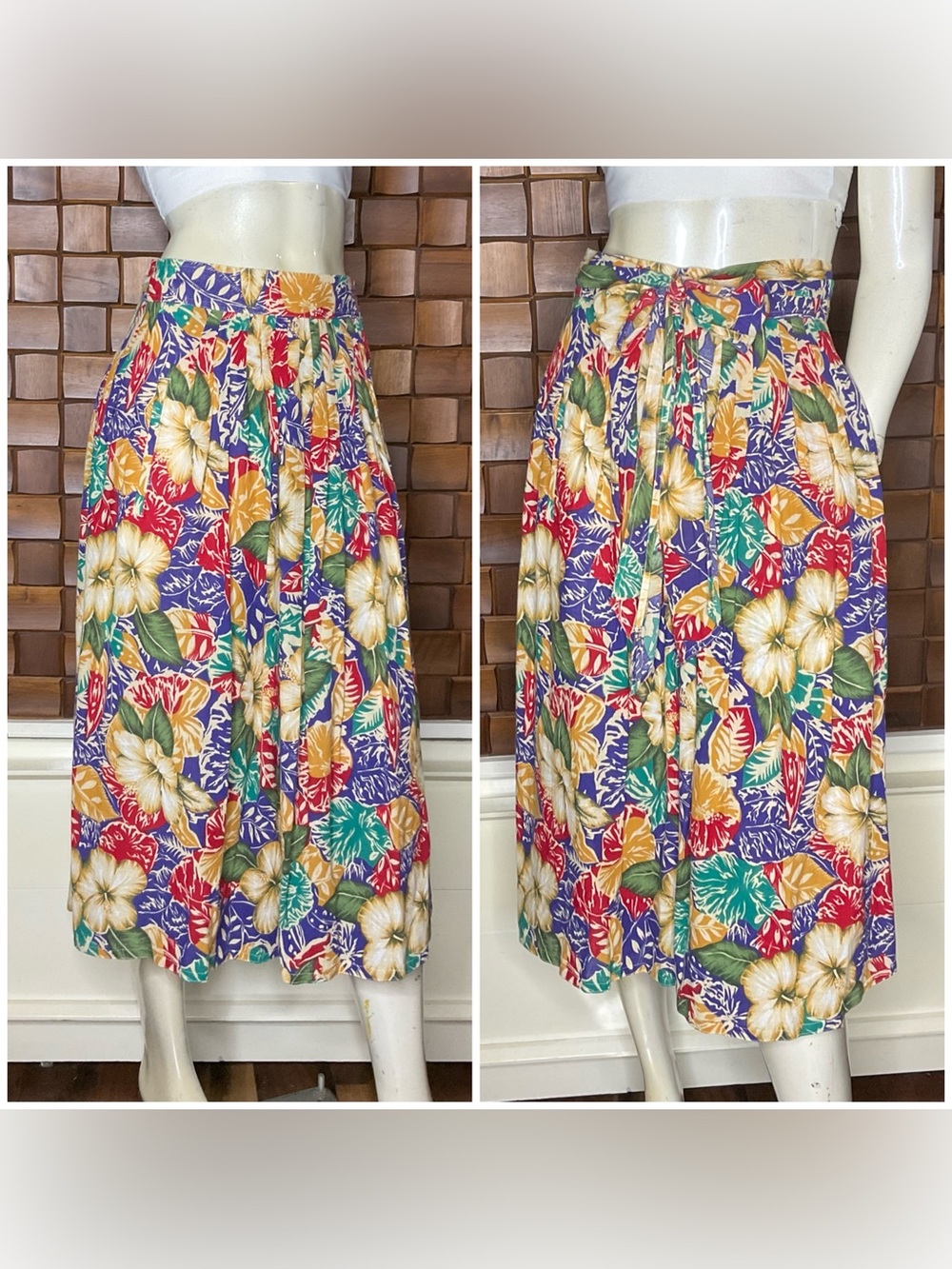 Vintage Hawaiian Print Pleated Cotton Gauze Wrap Around Midi Skirt Size Medium